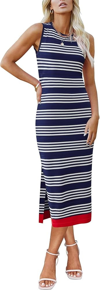 Zeagoo Womens Bodycon Midi Dresses Summer Casual Sleeveless Dress Women Knit Side Slit Striped 20... | Amazon (US)