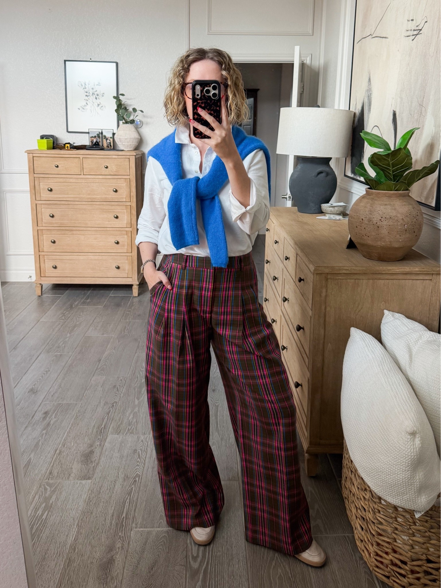 Wearing a small in pants, 38 in shirt, small in cardigan