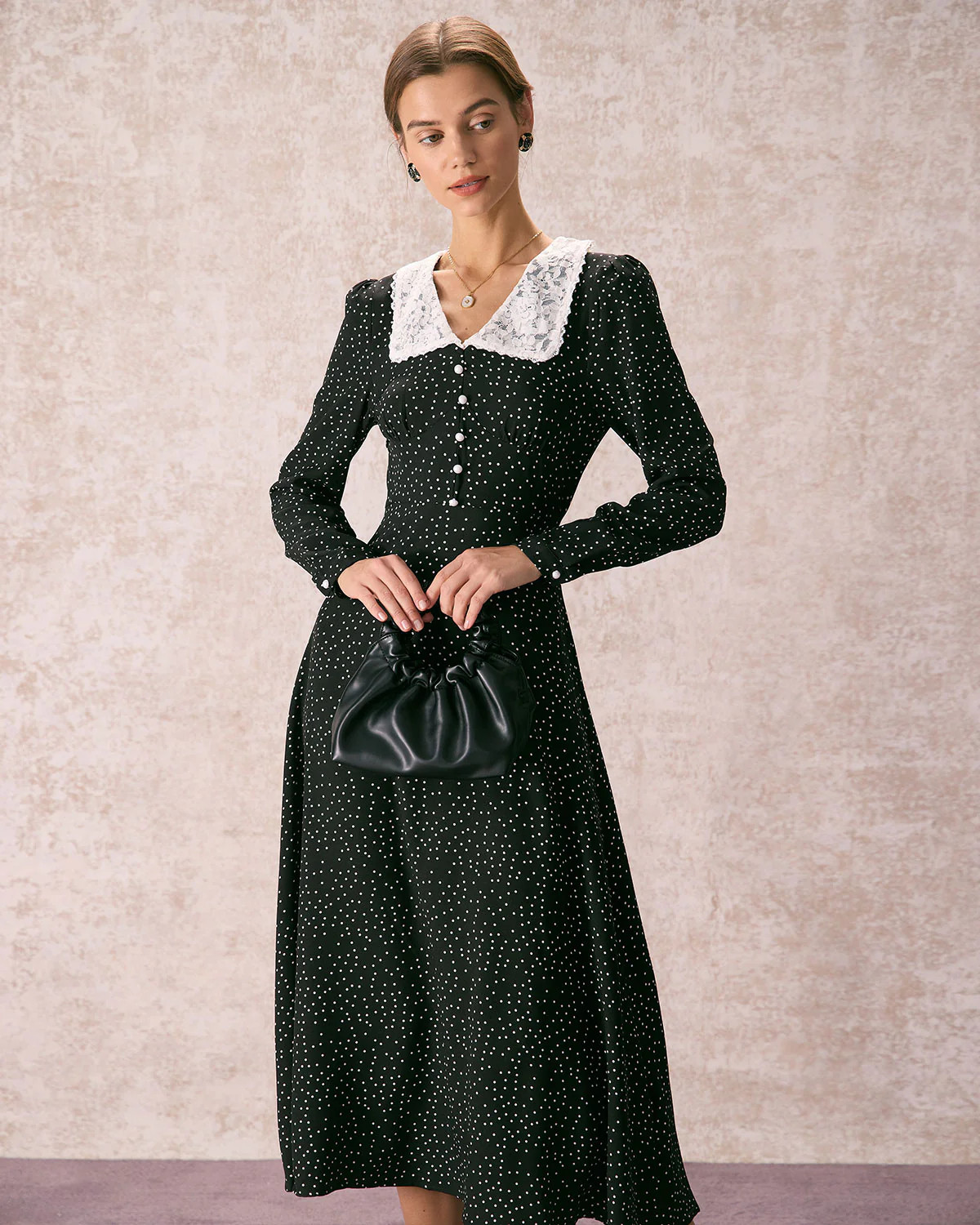 The Black Lace Collar Polka Dot Maxi Dress & Reviews - Black - Dresses | RIHOAS | rihoas.com