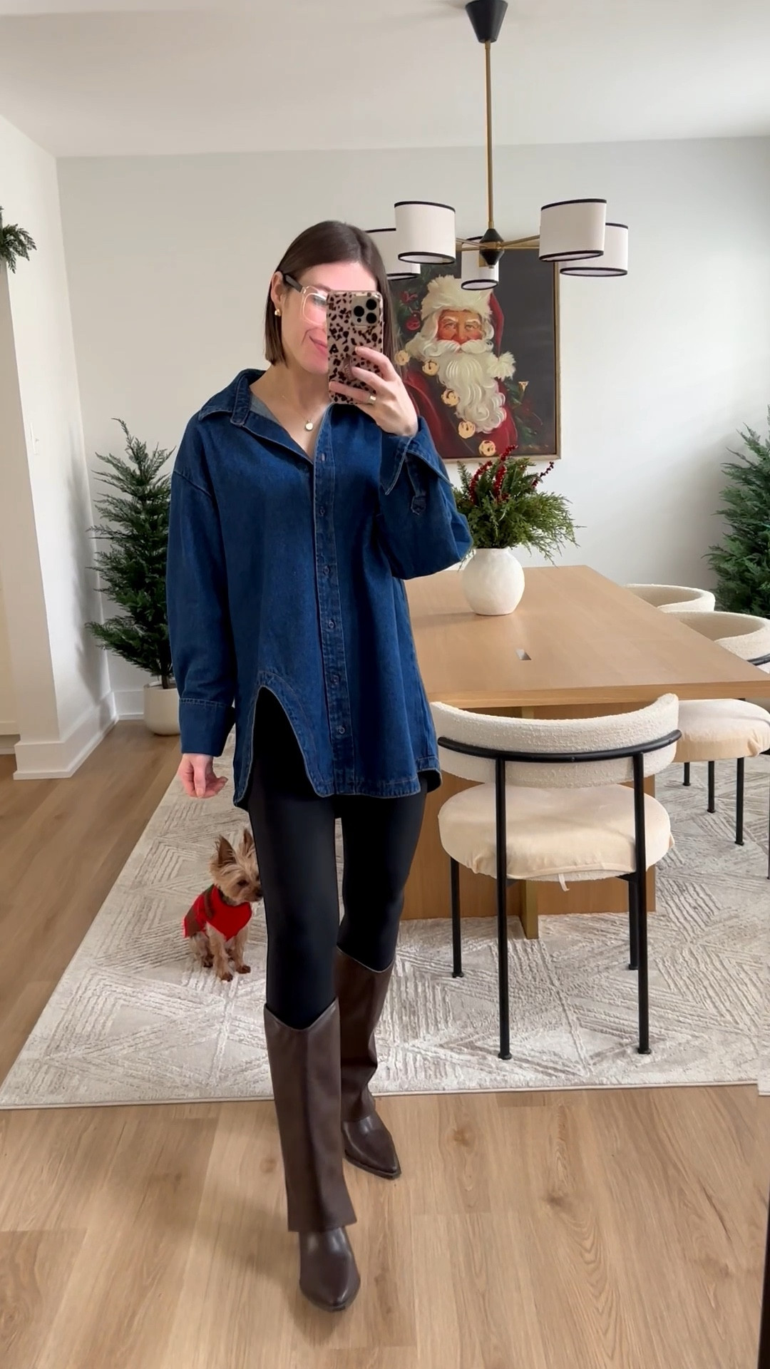 Shopbop Lioness Off Duty dark wash denim shirt with cutout size xs tts - comes in multiple colors 

Spanx faux leather leggings size small tts but I prefer the petite length for less bunching on the ankles. I’m 5’3”

These chocolate brown foldover boots are SO cute and easy to walk in - thinking about grabbing them in black too!

Denim shirt, denim top, structureed denim top, dark denim, dark wash denim, foldover boots, brown boots, chocolate brown, fall boots, knee high boots

#LTKFindsUnder100 #LTKGiftGuide #LTKootd