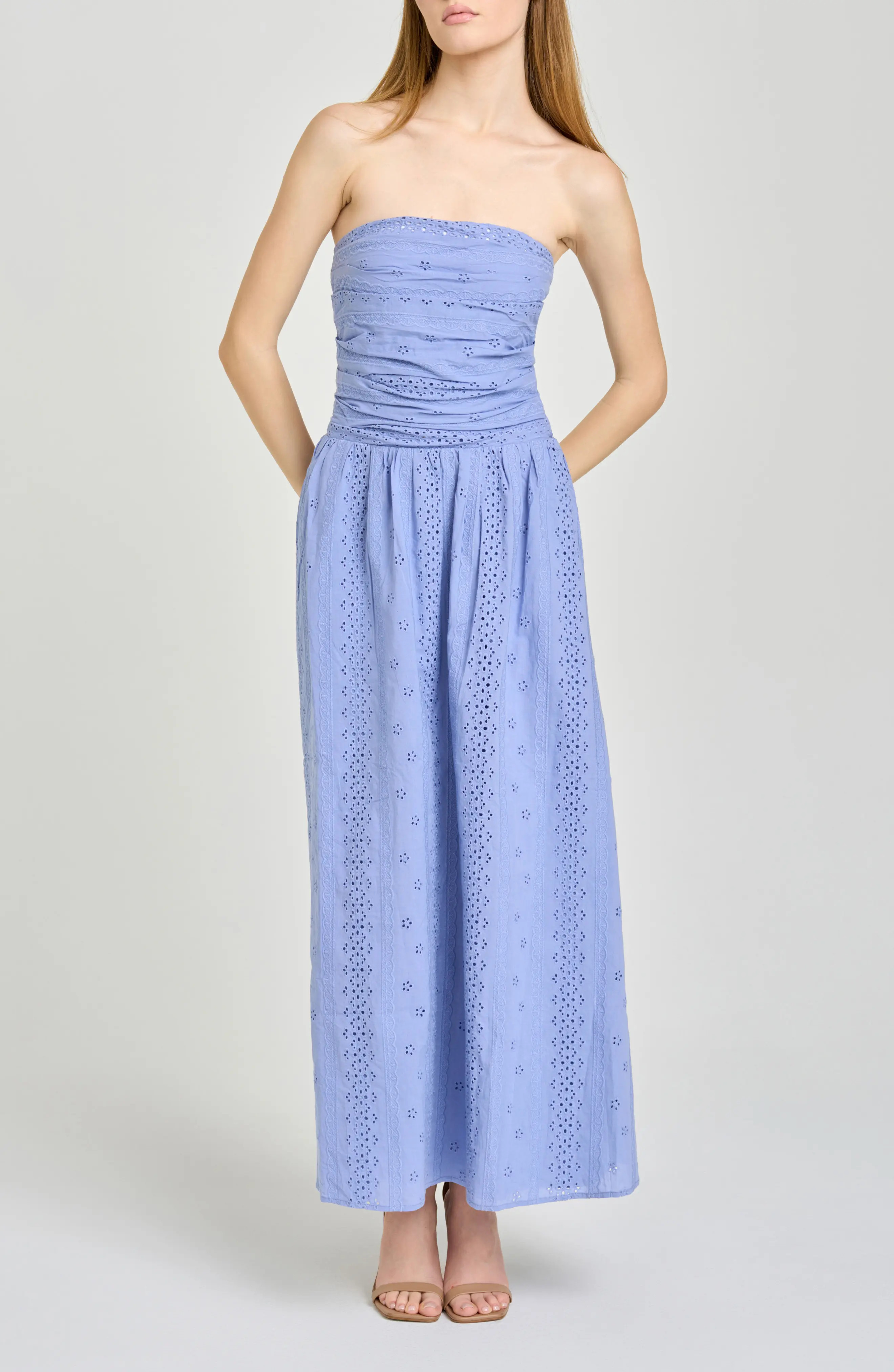 Pippa Gathered Eyelet Strapless Cotton Midi Dress (Women) | Nordstrom | Nordstrom