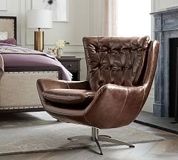 Wells Tufted Petite Leather Swivel Chair | Pottery Barn (US)