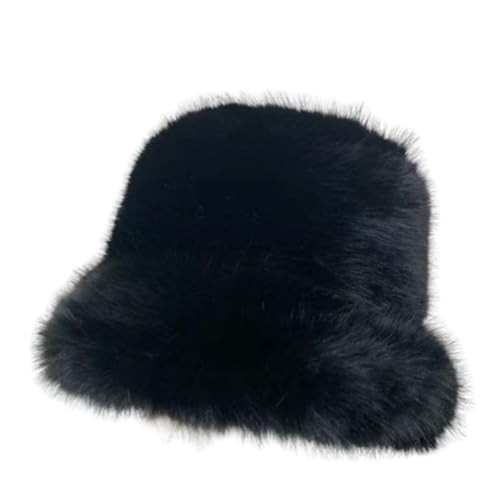 Winter Fluffy Faux Fur Plush Bucket Hat for Women Fuzzy Warm Fisherman Cap Outdoor Thick Winter Hat for Ladies (Black) | Amazon (US)