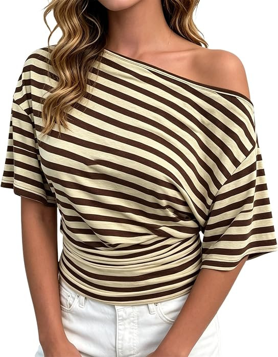 VCM Striped Shirt Women Y2K Off Shoulder Top 2000s Asymmetrical Ruched Top Aesthetic Color Block ... | Amazon (US)