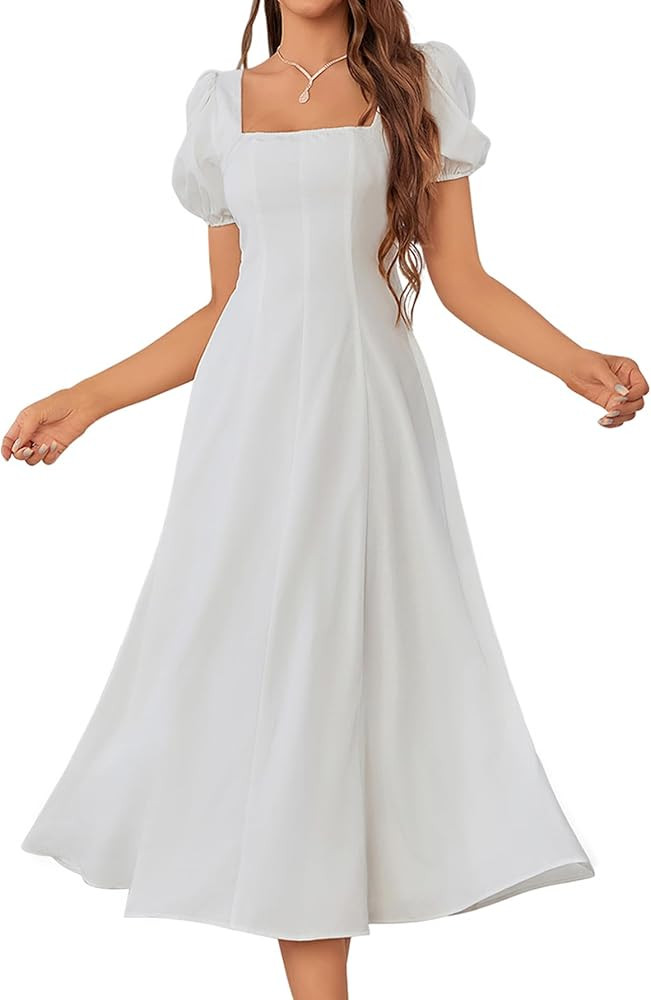 VKIHOC Women 2024 Summer Square Neck Puff Sleeve Smocked Midi Dress Flowy A Line Ruffle Casual Dr... | Amazon (US)