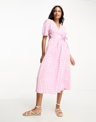 Monki seersucker wrap midi dress in pink and white gingham | ASOS (Global)