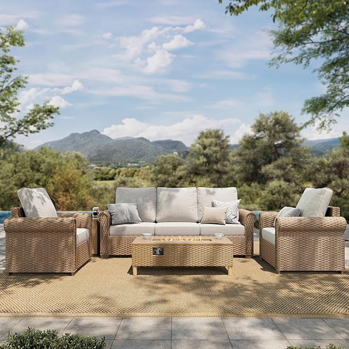 HERA'S HOUSE 4 Pieces Patio Furniture Sets, Outdoor Rattan Furniture with 5.5" Cushions & Ottoman... | Amazon (US)