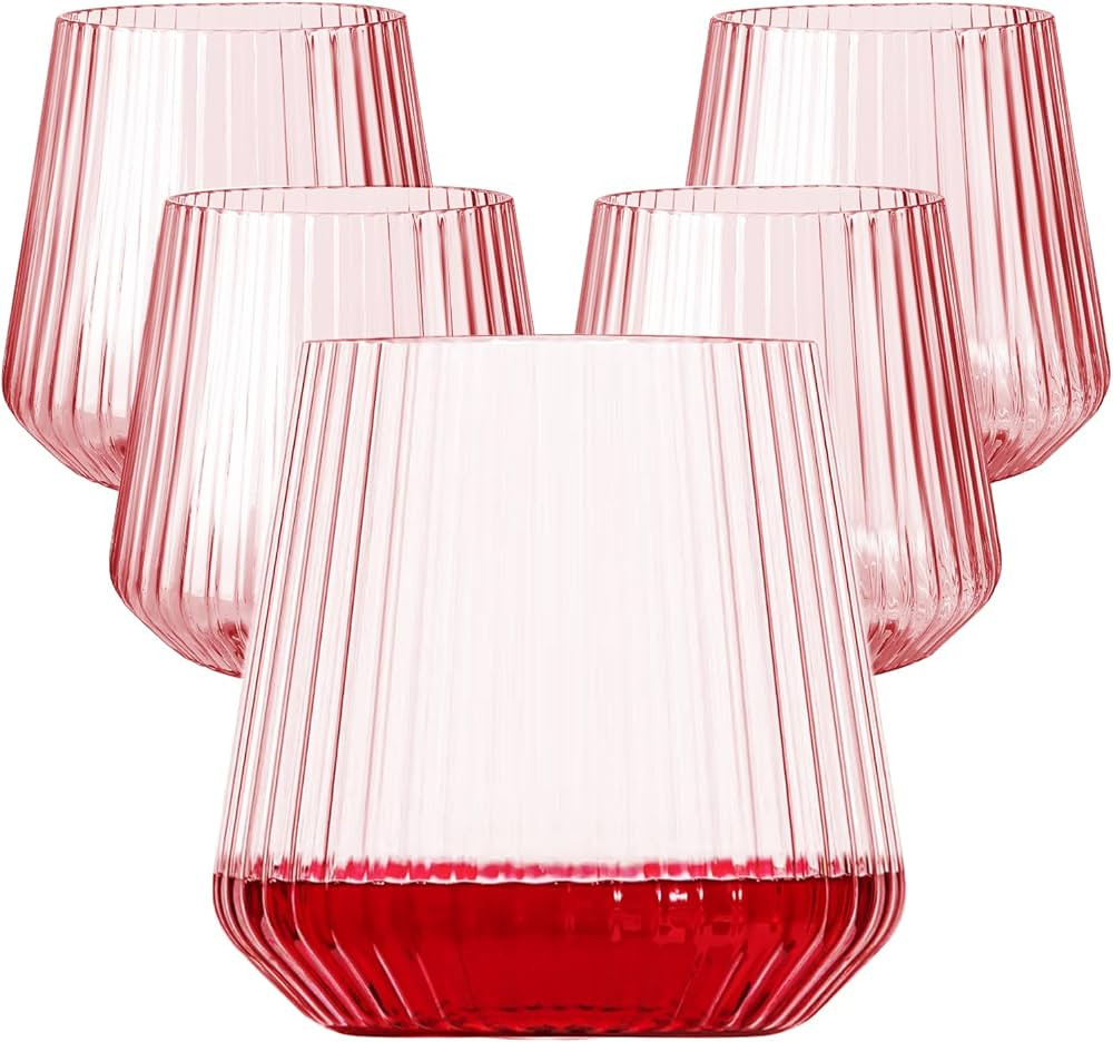 40 Pack Pink Plastic Ribbed Wine Glasses, 14Oz Origami Disposable Wine Glasses Unbreakable Clear ... | Amazon (US)