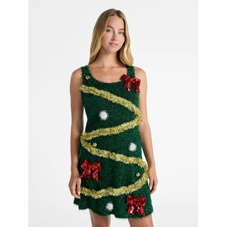 No Boundaries Christmas Tree Tinsel Mini Dress Women’s | Walmart (US)