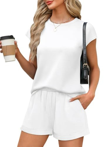 WIHOLL Two Piece Sets for Women Going Out Summer White Short Sleeve Shirts Loungewear Set Medium | Amazon (US)