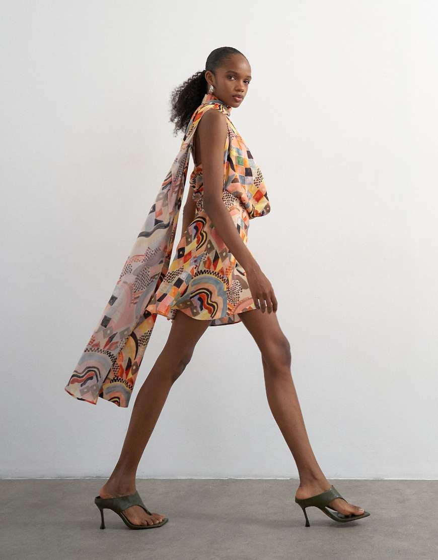 Topshop draped scarf neck mini dress in mosaic print-Pink | ASOS (Global)