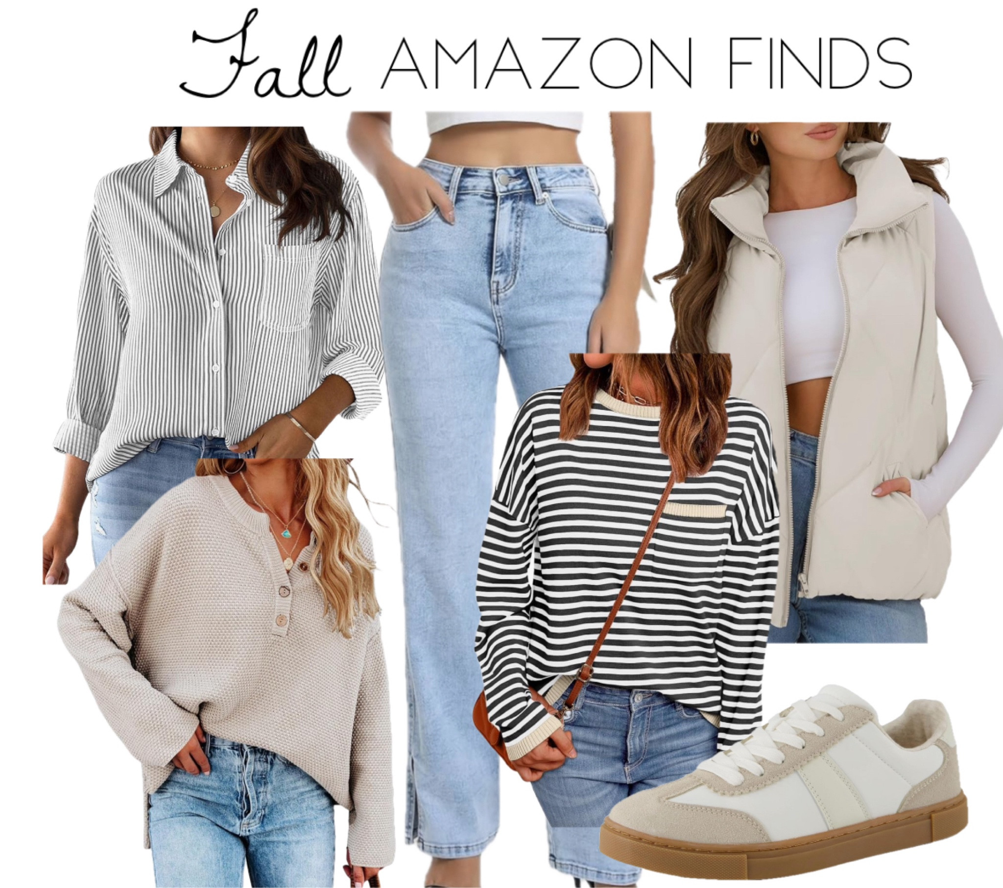 Amazon Fall Finds 

#sweater #puffervest #neutrals #stripedtop #90sjeans 