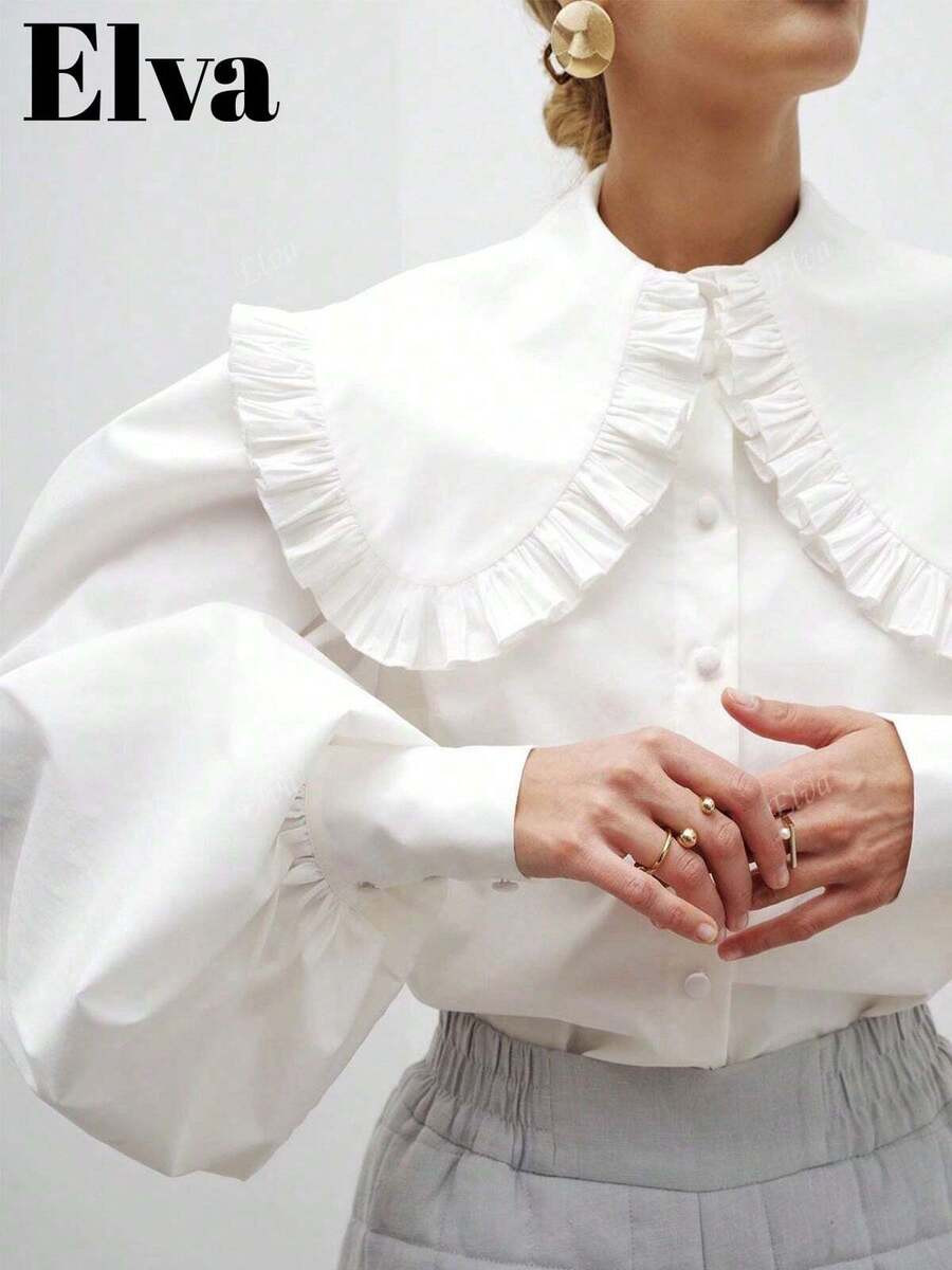 Elva Elegant Solid Color Exaggerated Peter Pan Collar Lantern Sleeve Shirt, Cute For Back To Scho... | SHEIN