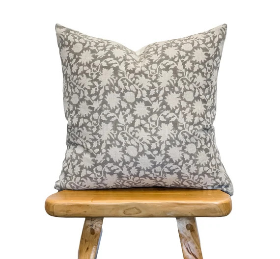 Designer Floral Soft Grey on Natural Linen Pillow Cover Grey | Etsy | Etsy (US)