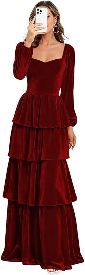 Velvet Bridesmaid Dresses for Women Long Sleeve Tiered A-Line Formal Evening Party Dress 2026 ZU0... | Amazon (US)