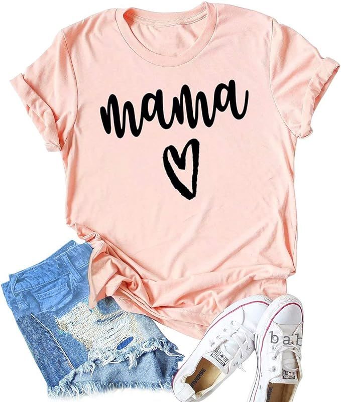 KIDDAD Mama Tshirt Womens Mama Heart Graphic Shirts Mom Letter Printed T-Shirt Funny Short Sleeve... | Amazon (US)