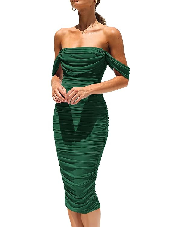 PRETTYGARDEN Women's Summer Off The Shoulder Dresses Sleeveless Ruched Fitted Cocktail Party Club... | Amazon (US)