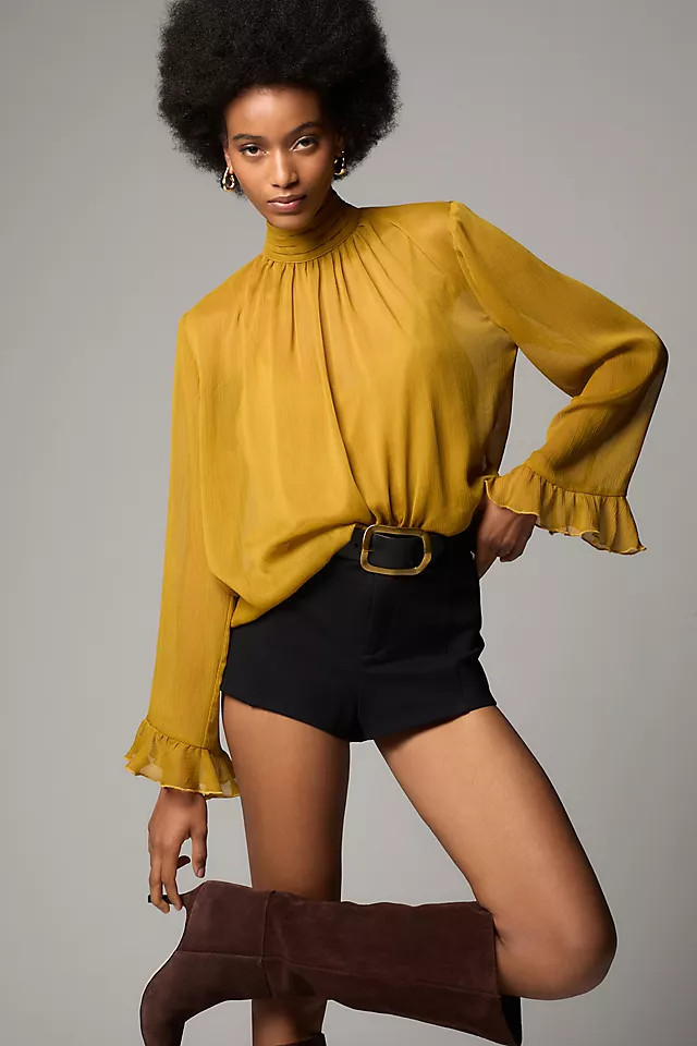 By Anthropologie Long-Sleeve High-Neck Sheer Blouse | Anthropologie (US)
