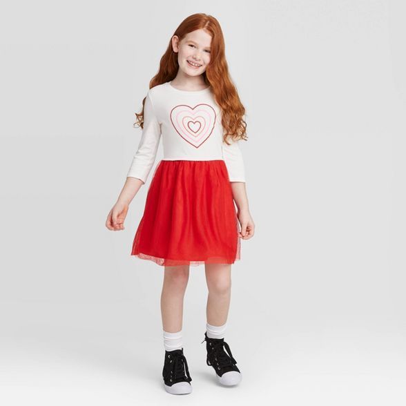 Girls' Long Sleeve Heart Dress - Cat & Jack™ Cream/Red | Target