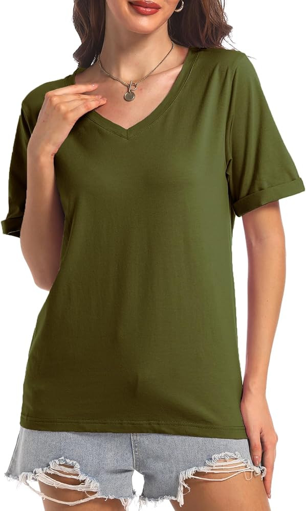 Womens Summer Tops Basic Short Sleeve Shirts Casual V Neck T Shirt Comfy Trendy Tees | Amazon (US)