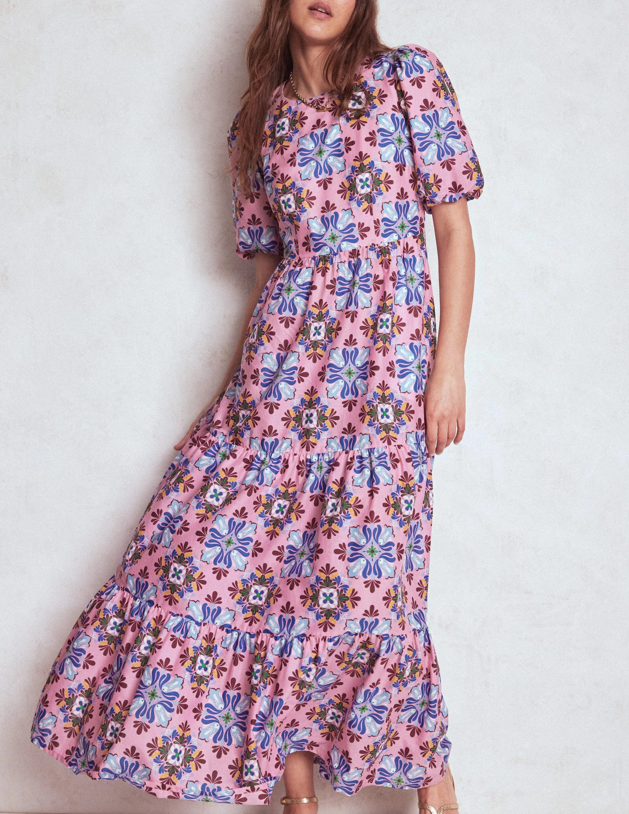 Tiered Poplin Maxi Dress-Formica Pink, Bloom Mosaic | Boden (US)