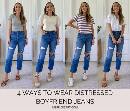 4 ways to wear distressed boyfriend jeans // wearing size 27 in jeans (size up one), wearing size XS in madewell tops 

#LTKstyletip #LTKFind #LTKSeasonal