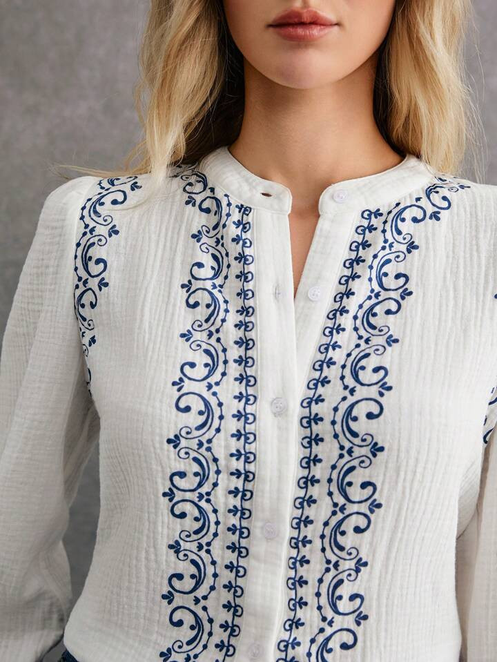 Poéselle Women Elegant Floral Print Puff Sleeve Single Breasted Blouse, Boho Vintage Print, Whit... | SHEIN