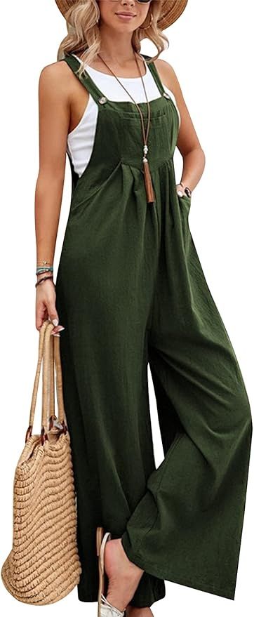 Rxozrxoz Womens Wide Leg Overalls Loose Fit Button Baggy Cotton Linen Bib Jumpsuits with Pockets | Amazon (US)