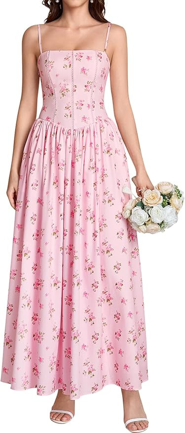 KUTUMAI Floral Corset Long Maxi Dress Lace Up Flowy A Line Summer Wedding Guest Dresses for Women... | Amazon (US)