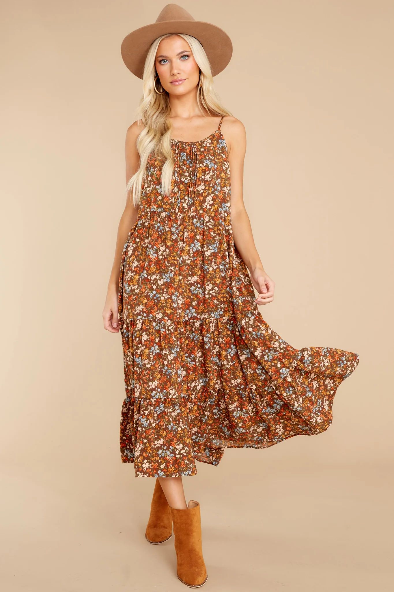 Harvest Wishes Light Brown Floral Maxi Dress | Red Dress 