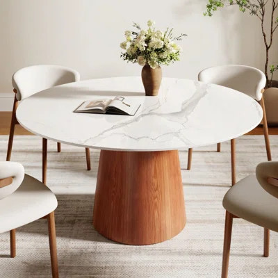 Designer Round Dining Table 47"/ 53"/59" with Authentic Solid Wood Pedestal & 4 Luxury Sintered Stone Top for Modern Dining Rooms | Wayfair North America