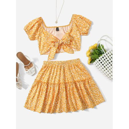Summer Boho Yellow Women s Tie Front Ditsy Floral Top Frill Trim Skirt Set L2201606D S(4) | Walmart (US)