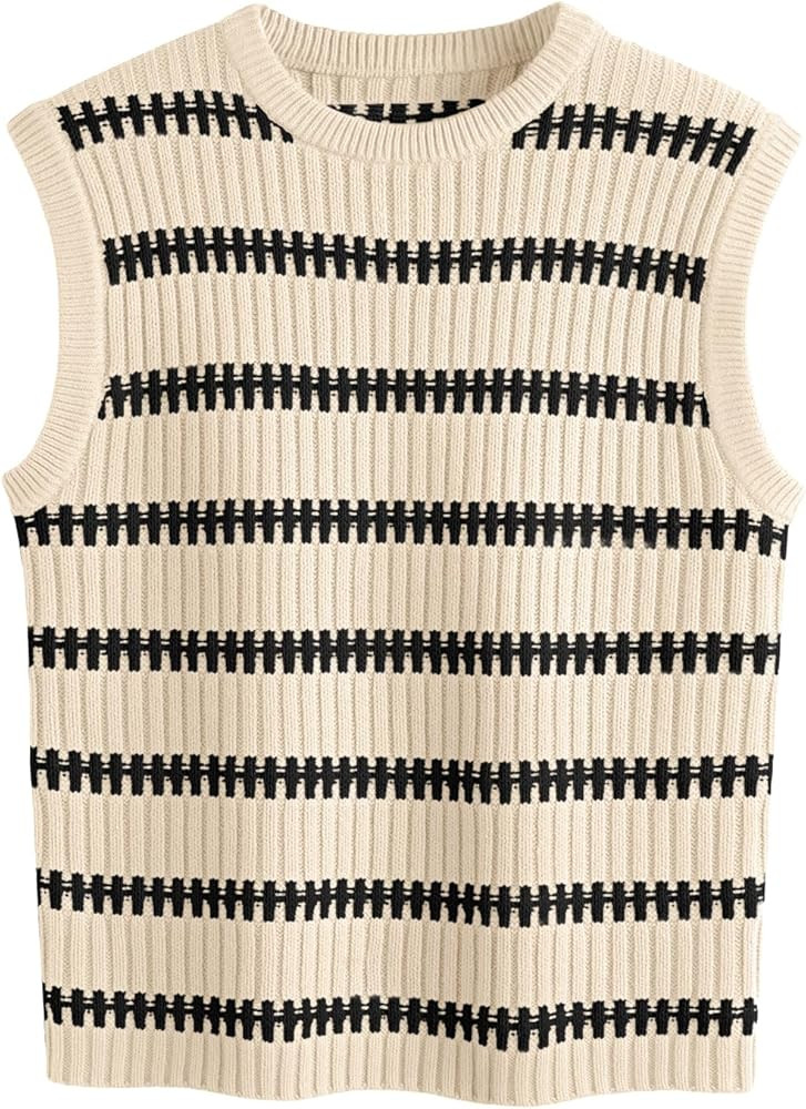 LILLUSORY Sweater Tank Tops for Women Fall Crew Neck Sweater Sleeveless Striped Knit Vest | Amazon (US)