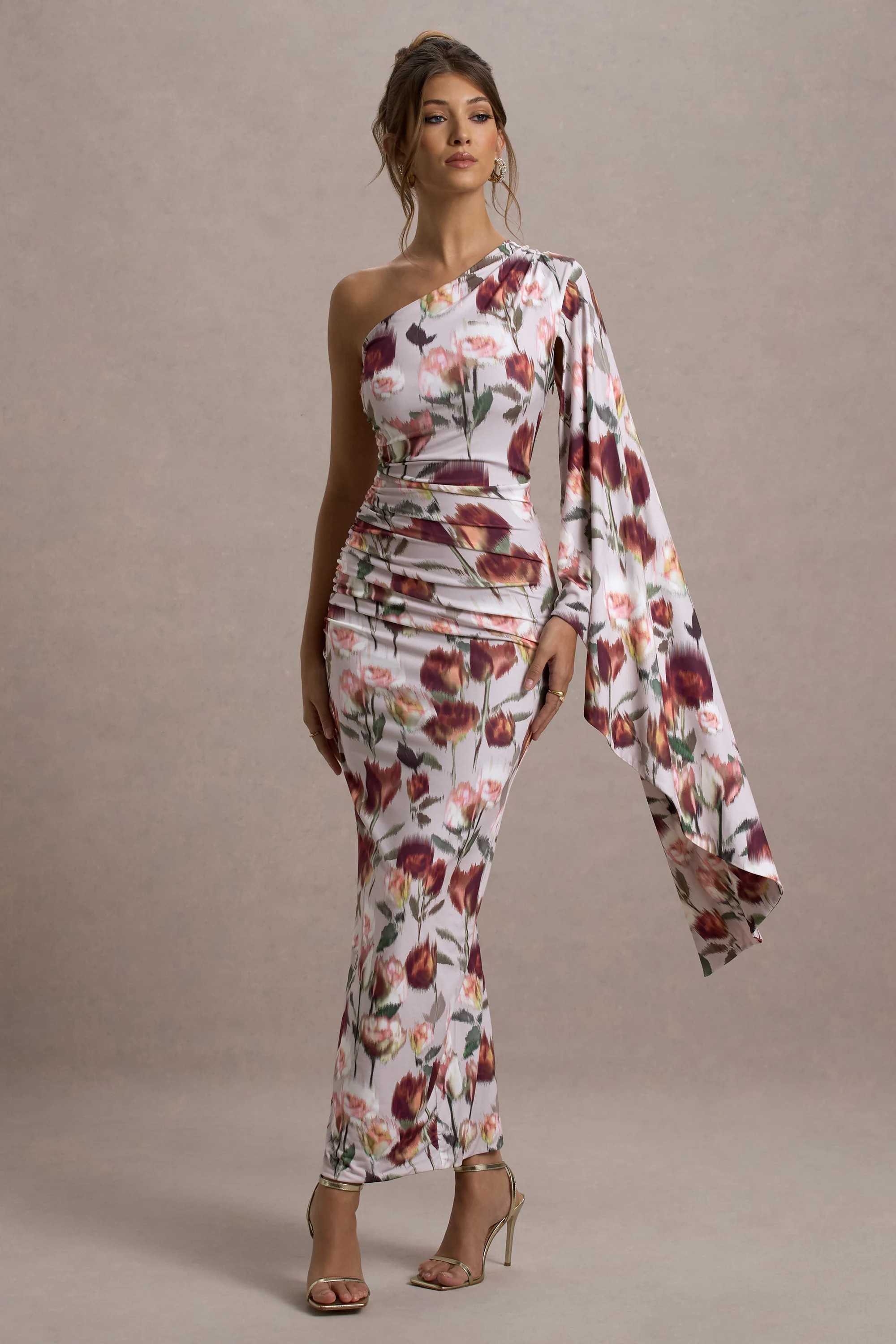 Clementina | Cream Floral Print Asymmetric Cape Sleeve Maxi Dress | Club L London