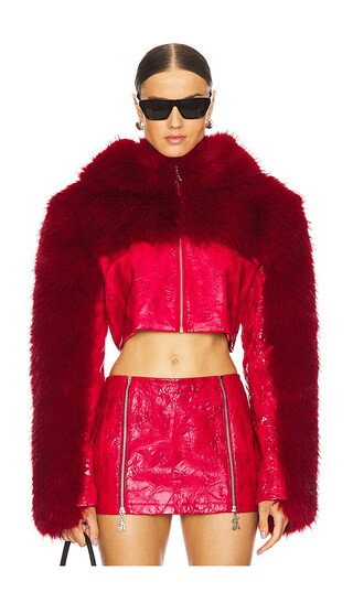 Cropped Faux Fur Hoodie Jacket in Red | Revolve Clothing (Global)