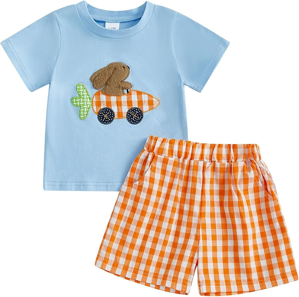 Baby Boy Easter Outfit Bunny Truck Embroidery Tops and Plaid Shorts Set Toddler Boy Spring Summer... | Amazon (US)