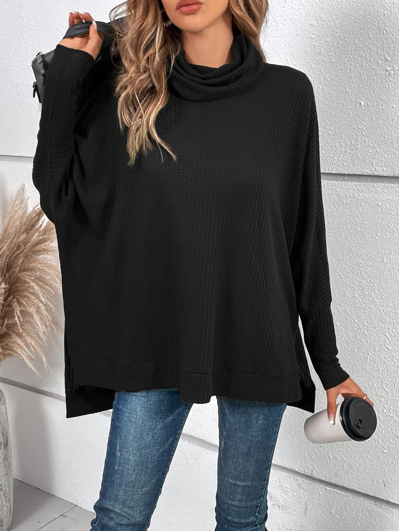 ANRABESS Women's Oversized Turtleneck Batwing Sleeve Spilt Casual Loose Knit Tunic Pullover Sweat... | Amazon (US)