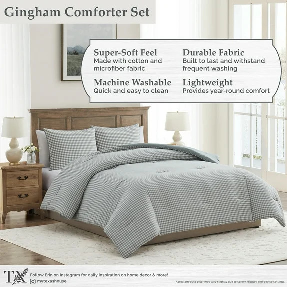 My Texas House Full/Queen Comforter Set, All-Season, 3-Piece, Green Gingham Plaid - Walmart.com | Walmart (US)