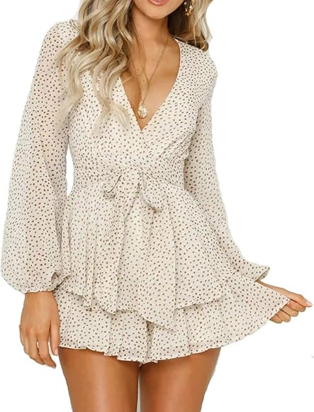 Women's Polka Dot Jumpsuits Deep V-Neck Long Sleeve Knot Front Ruffle Hem Rompers | Amazon (US)