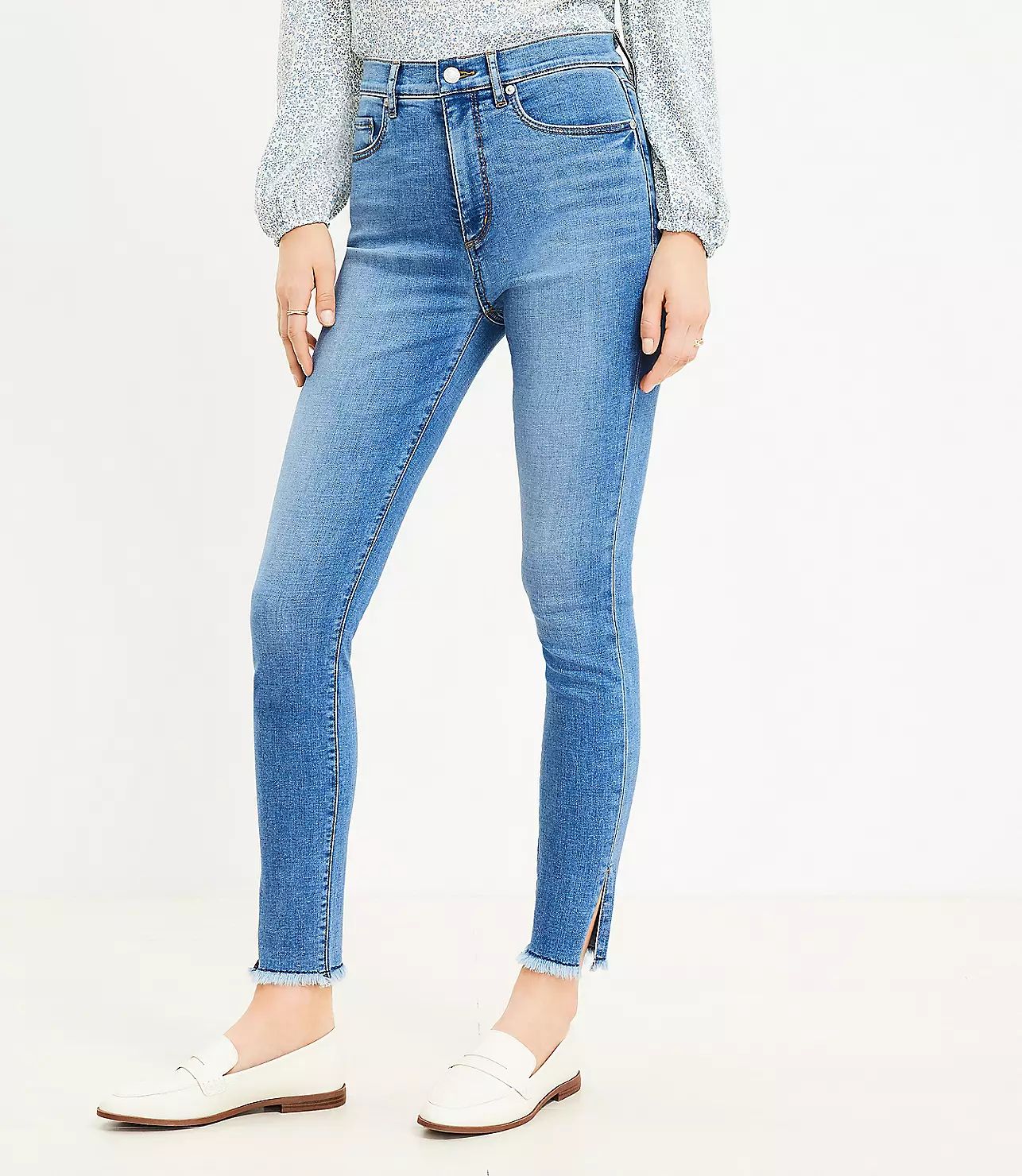 Side Slit Frayed High Rise Skinny Jeans in Indigo Wash | LOFT