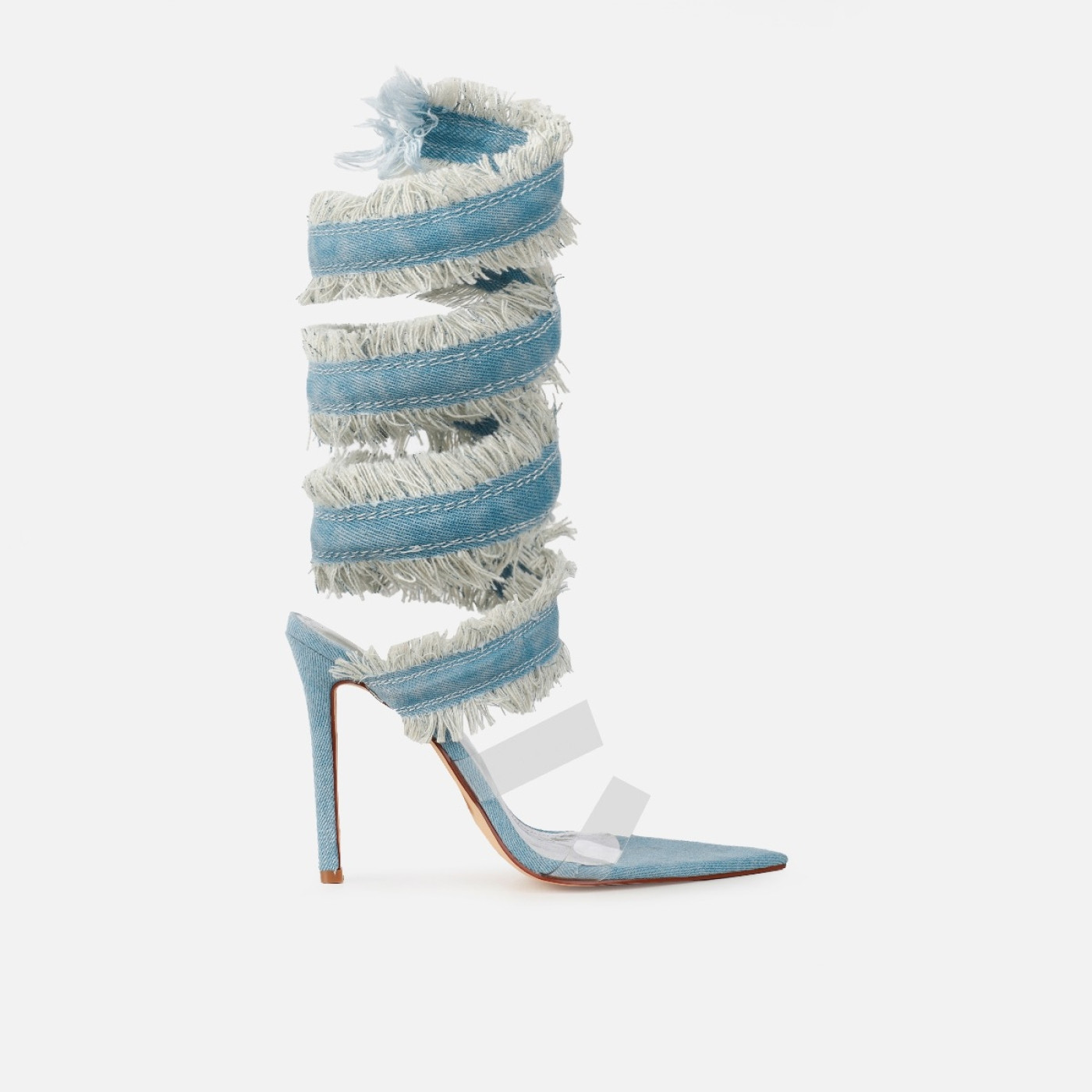Sonya Blue Denim Frayed Spiral Heeled Sandals | Simmi Shoes