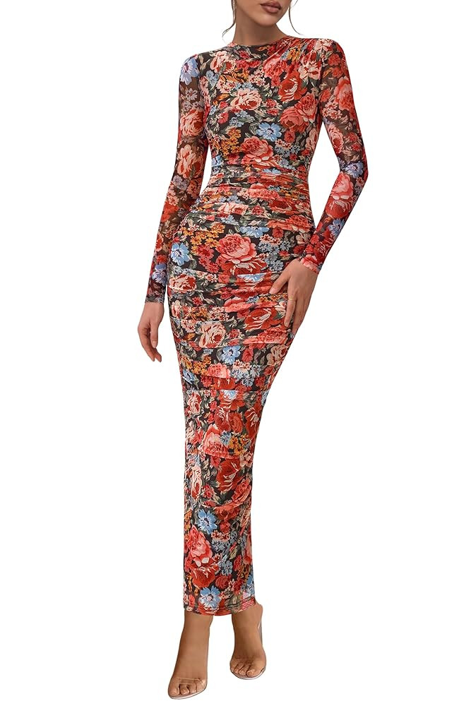 PRETTYGARDEN Women's Long Sleeve Maxi Dress 2025 Fall Ruched Bodycon Floral Mesh Formal Wedding G... | Amazon (US)
