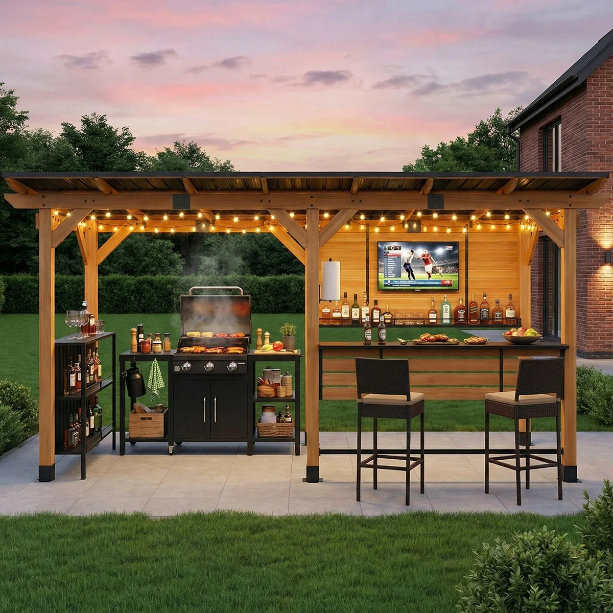 6 Ft. X 14 Ft. Cedar Wood Outdoor Entertainment Gazebo Bar With Hardtop Galvanized Steel Roof, Ba... | Wayfair North America