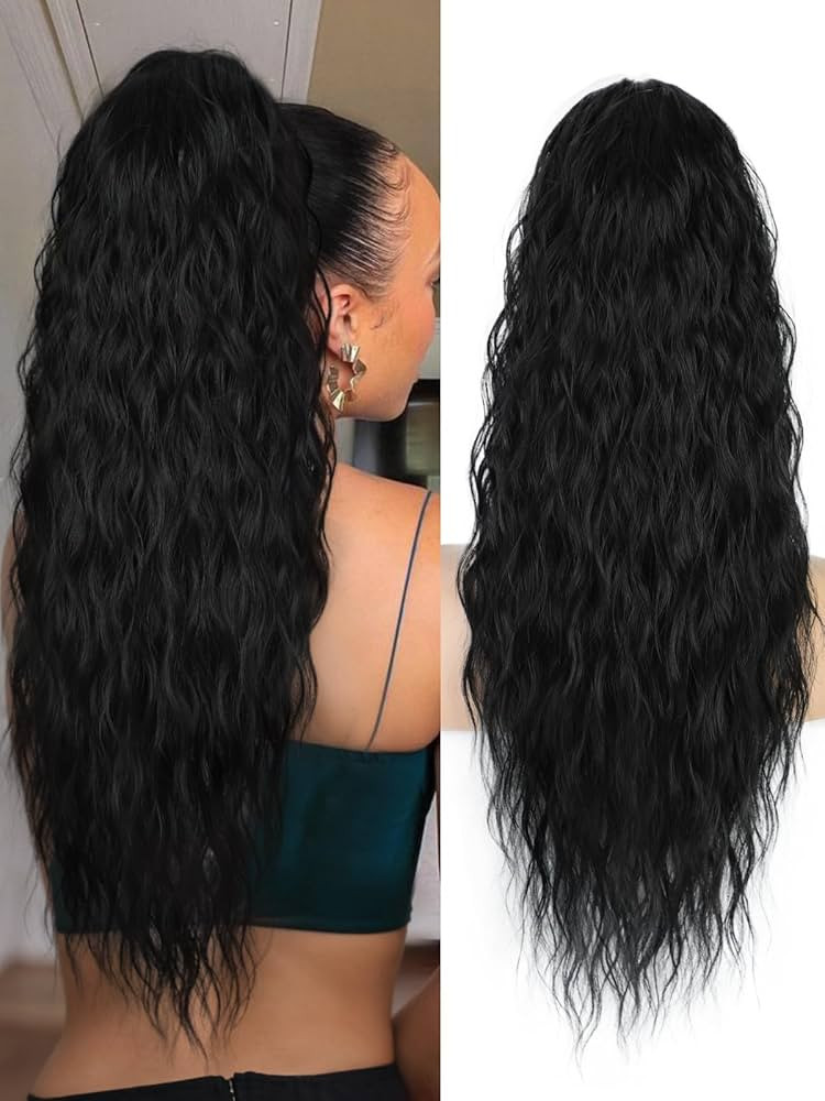 26 Inch Long Black Drawstring Ponytail Extension for Women Synthetic Long Curly Wavy Clip in Pony... | Amazon (US)