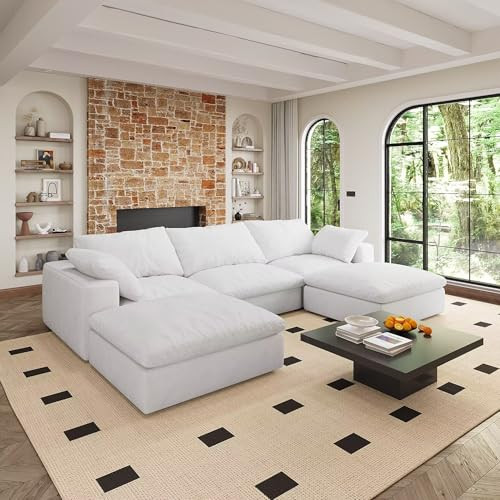 120" Cloud Modular Fluffy Couch, White Minimalist U Shape Home Sofa Living Room with Storage Ottoman, Down Filled Sectional Sofa with Removable Washable Covers, 3 Seater + 2 Ottomans | Amazon (US)