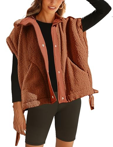 RIATOUR Women's Fleece Vest Oversized Fuzzy Sherpa Jacket Warm Sleeveless Button Down Outwear with Pockets (Orange-XL) | Amazon (US)