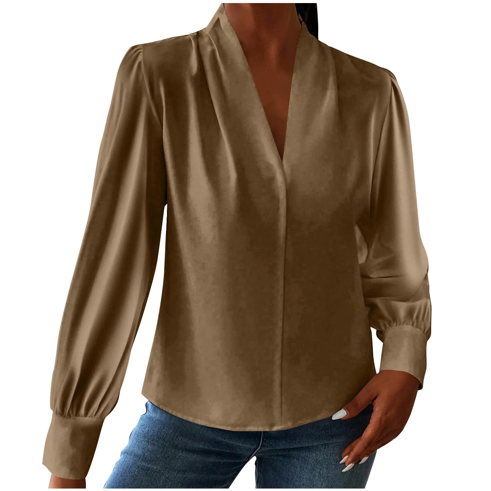 Htigea Womens Work Blouse Solid V-Neck Long Sleeve Shirts Dressy Office Business Tops Brown S | Walmart (US)