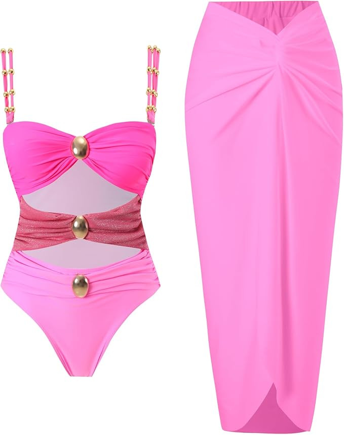 Women's One Piece Swimsuit with Cover up Set Beach Wrap Skirt Retro Bikini Set Two Piece Bathing ... | Amazon (US)