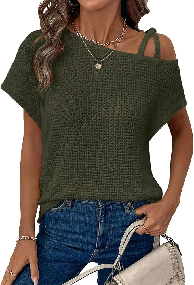 Dokotoo Womens Summer Tops Off One Shoulder Waffle Knit Short Sleeve T-Shirts Casual Lightweight ... | Amazon (US)