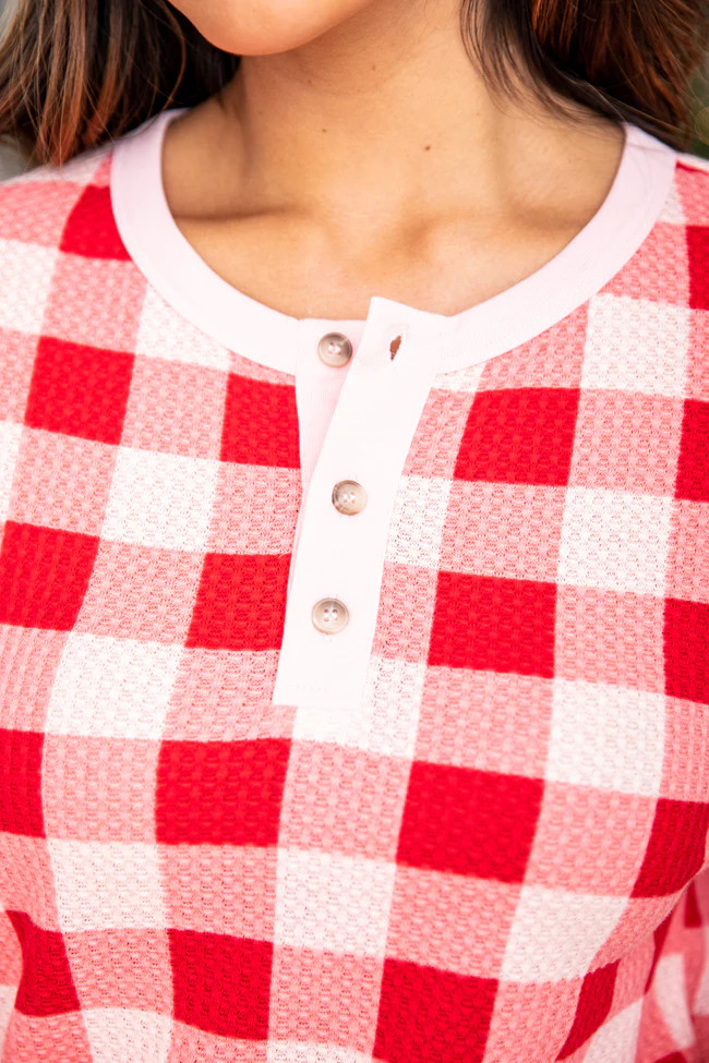 Deck The Halls Red And Pink Plaid Waffle Knit Henley Pajama Top | Pink Lily